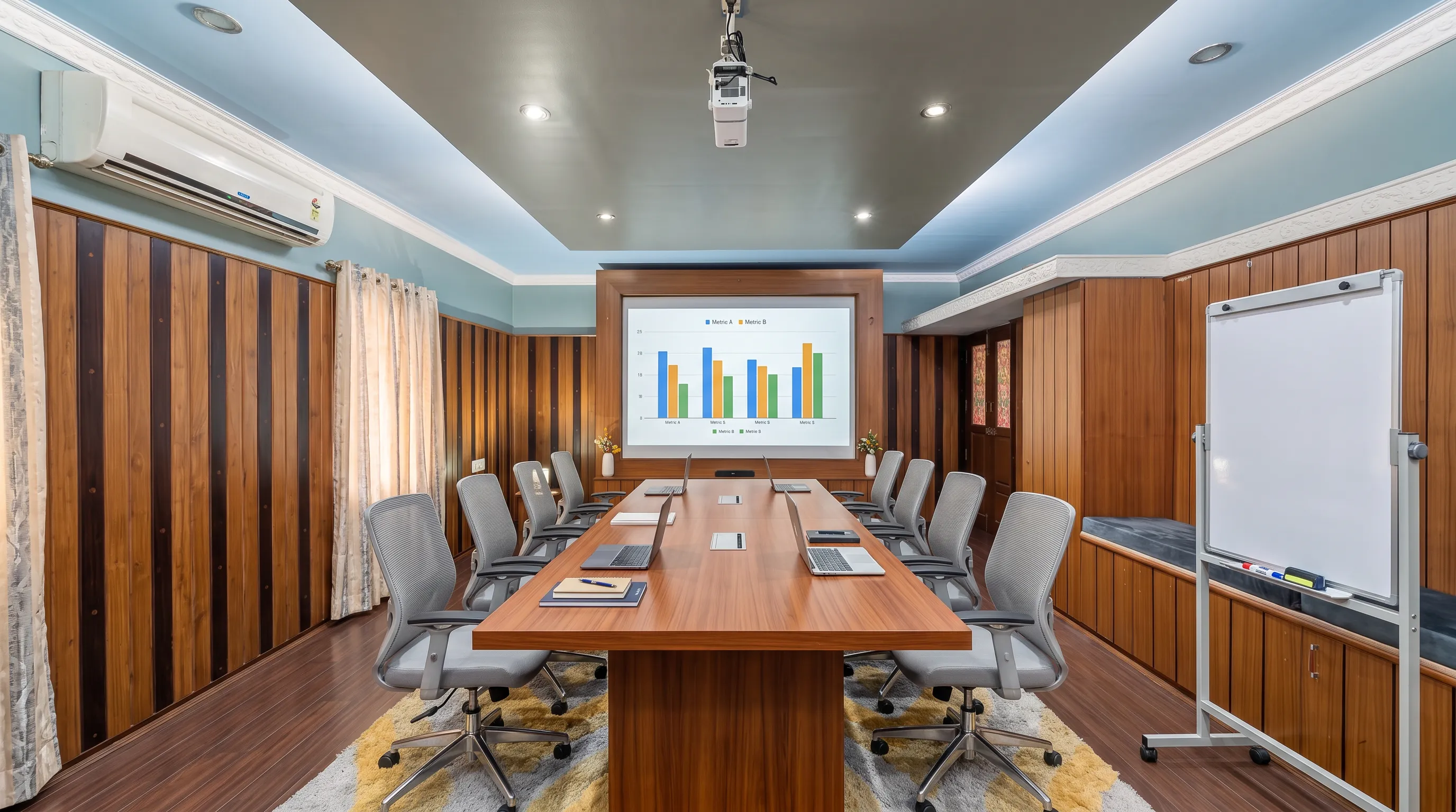 The private theatre at Magnum Opus, visualised as a conference room (an AI visualisation of the office setup)
