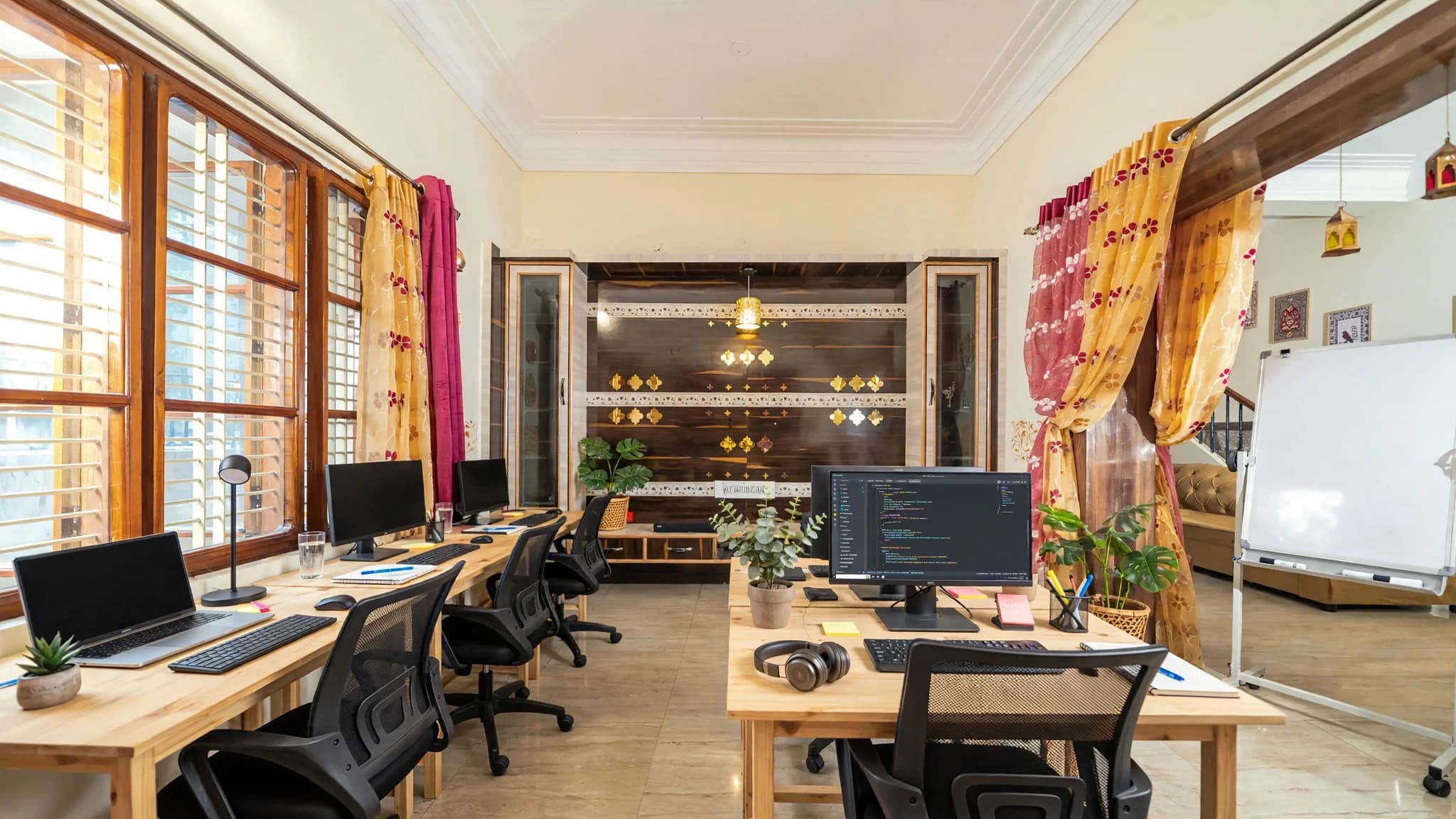The living room at Namma Morocco, visualised as a team workspace (an AI visualisation of the office setup)